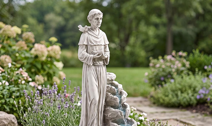 Water fountain - Saint Francis sculptural garden fountain with birds and flowing water