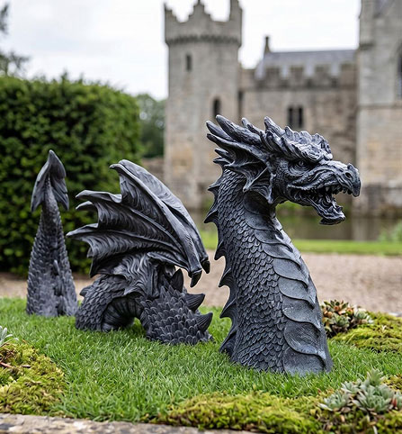 Dragon statue - Dragon of Falkenberg Castle emerging from moat lawn sculpture