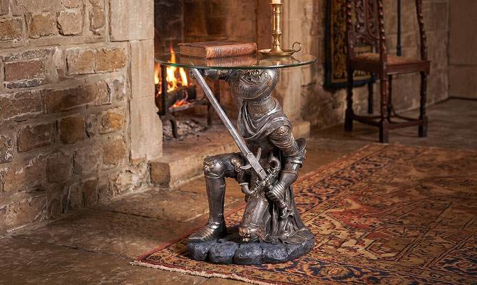 Gothic furniture - Battle-Worthy Gothic Knight glass-topped sculptural accent table