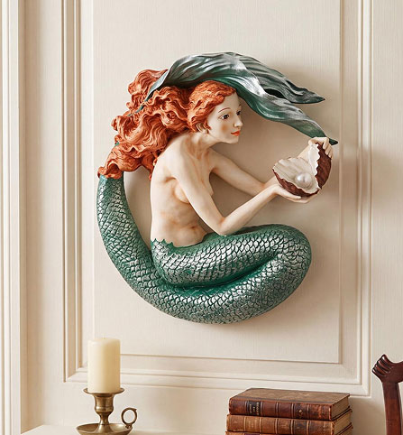 Mermaid statue - Misty Mae Siren of the Sea wall sculpture with flowing hair and tail