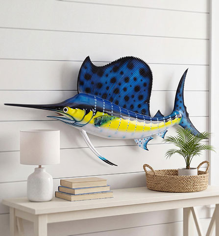 Wall sculpture - Key West sailfish trophy mounted sculpture for coastal wall decor