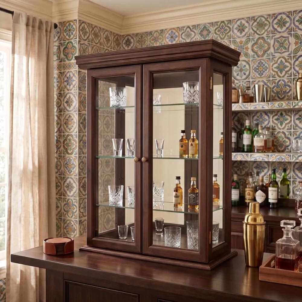 Country Tuscan Hardwood Wall Curio Cabinet: Walnut Finish