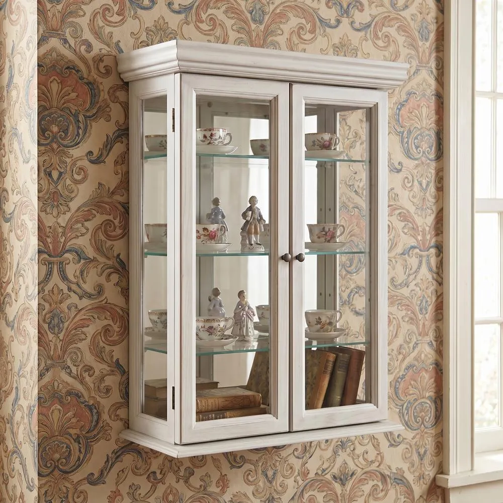 Country Tuscan Hardwood Wall Curio Cabinet: Lily White Finish