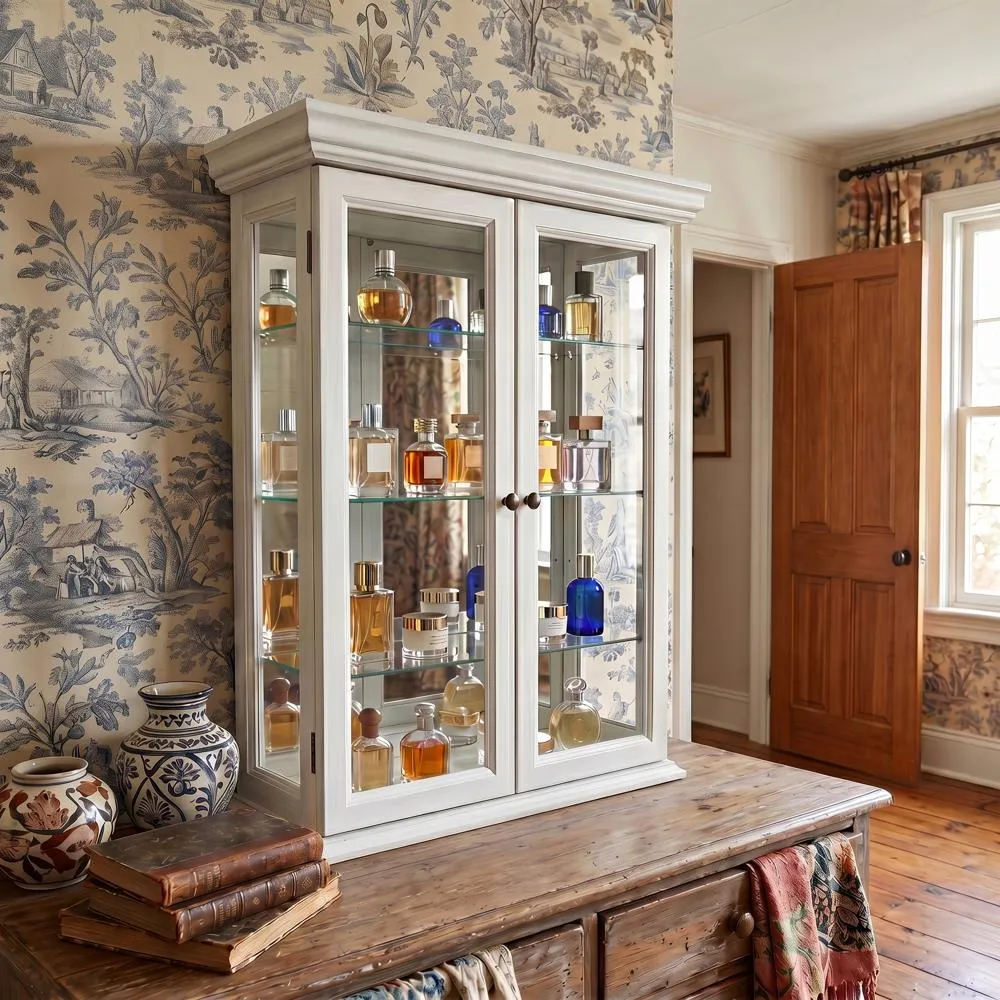 Country Tuscan Hardwood Wall Curio Cabinet: Lily White Finish