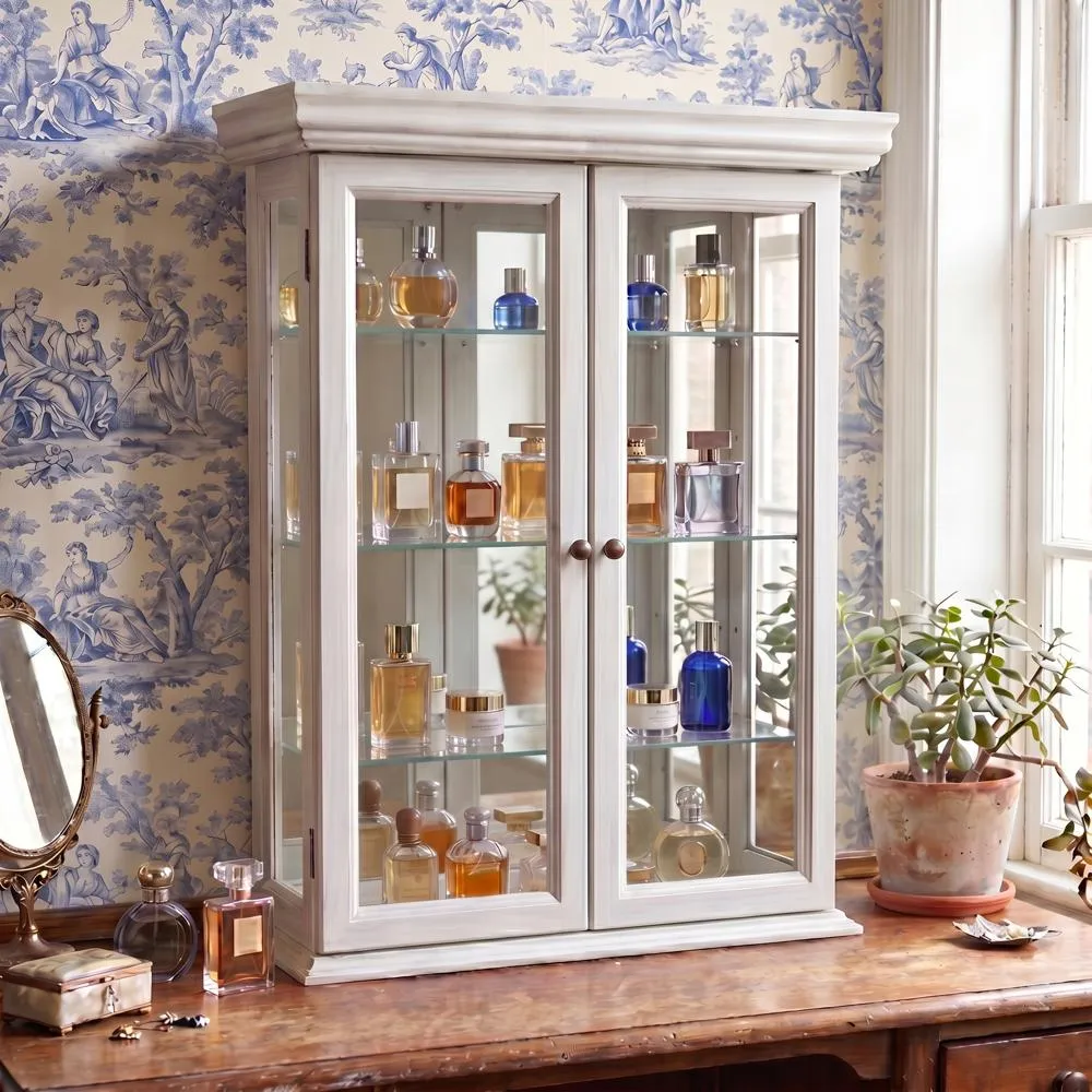 Country Tuscan Hardwood Wall Curio Cabinet: Lily White Finish