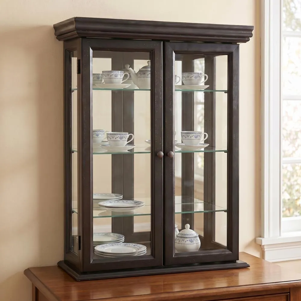 Country Tuscan Hardwood Wall Curio Cabinet: Ebony Black Finish