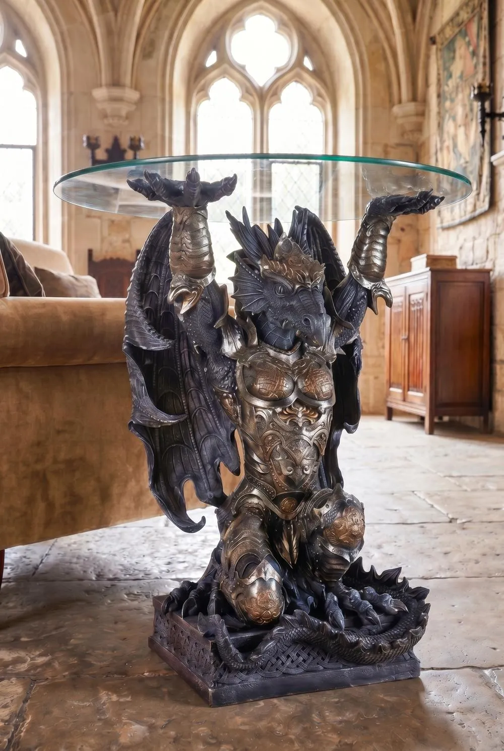 Hastings the Gothic Warrior Dragon Glass-Topped Sculptural Table