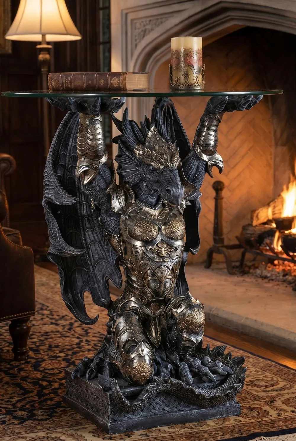 Hastings the Gothic Warrior Dragon Glass-Topped Sculptural Table