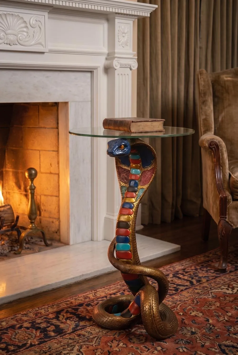 Renenutet Egyptian Cobra Snake Goddess Glass-Topped Sculptural Table