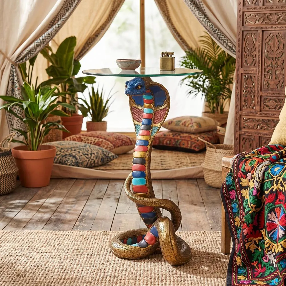 Renenutet Egyptian Cobra Snake Goddess Glass-Topped Sculptural Table