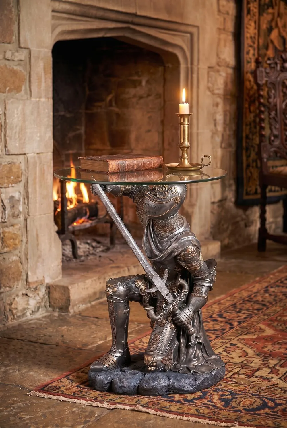 Battle-Worthy Gothic Knight Glass-Topped Sculptural Table
