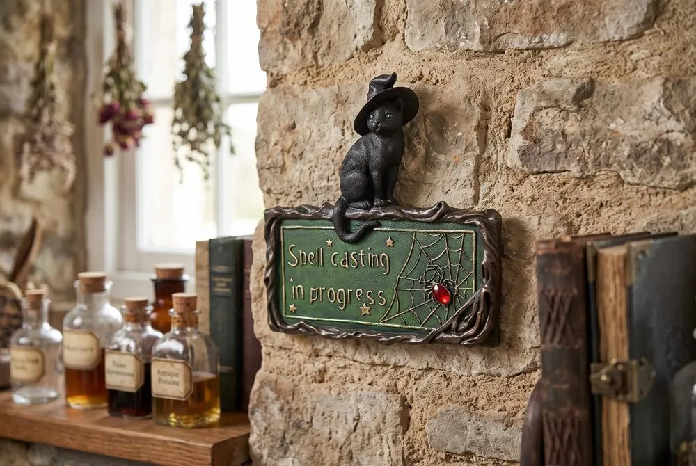 Witch's Cat Spell-Casting Sign Wall Sculpture
