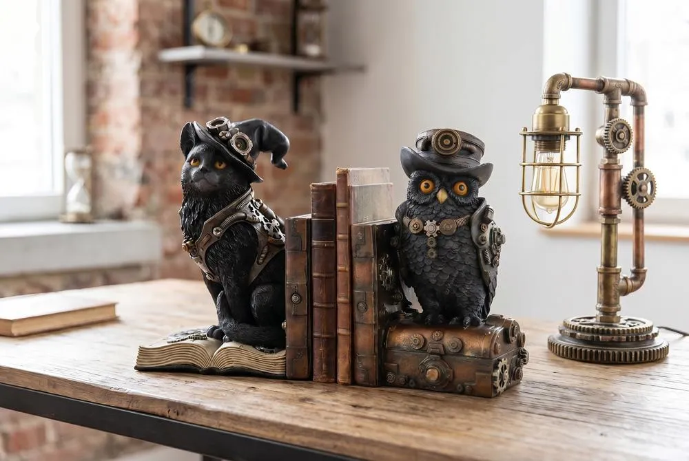 Knowledge Seekers Steampunk Cat and Owl Sculptural Bookends