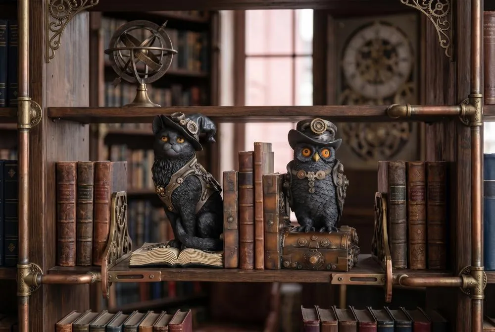Knowledge Seekers Steampunk Cat and Owl Sculptural Bookends