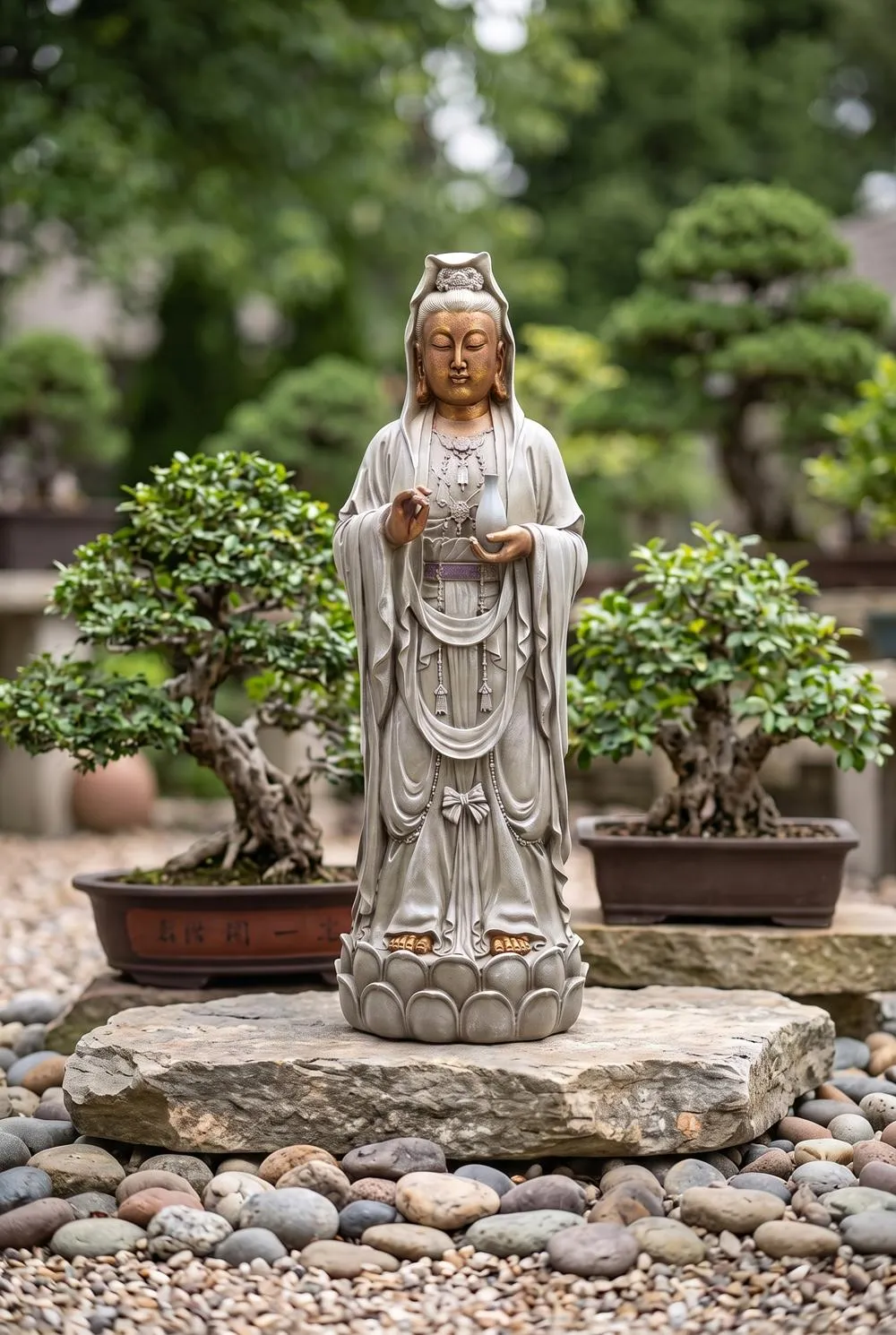 Goddess Guan Yin Standing on a Lotus Statue
