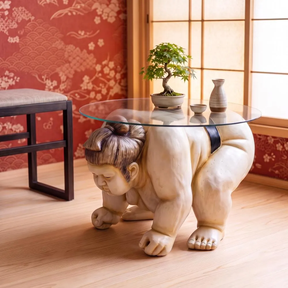 Basho the Sumo Wrestler Glass-Topped Sculptural Table