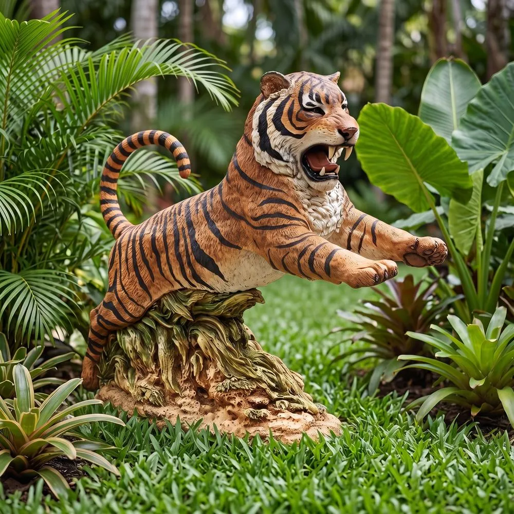 Jungle Cat Leaping Bengal Tiger Statue