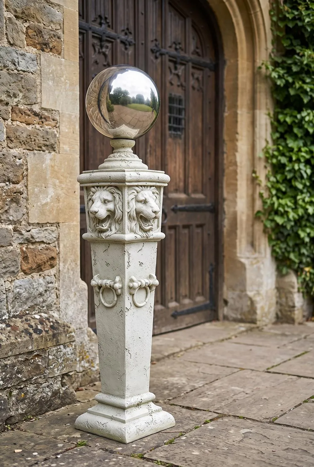 Lion Head Metal Gazing Globe Garden Pillar Statue
