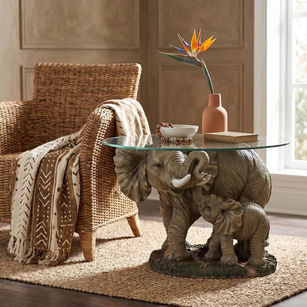 Elephant's Majesty Glass-Topped Sculptural Cocktail Table
