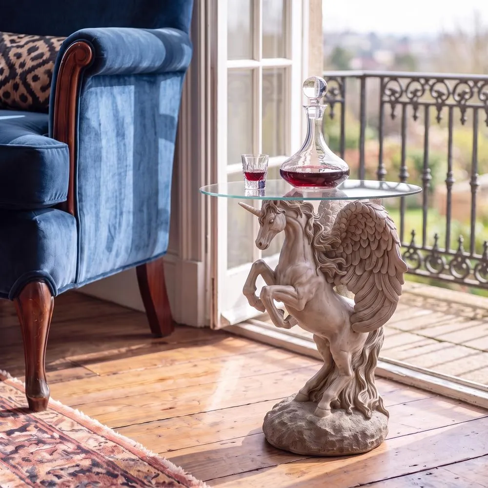 Mystical Winged Unicorn Sculptural Glass-Topped Table