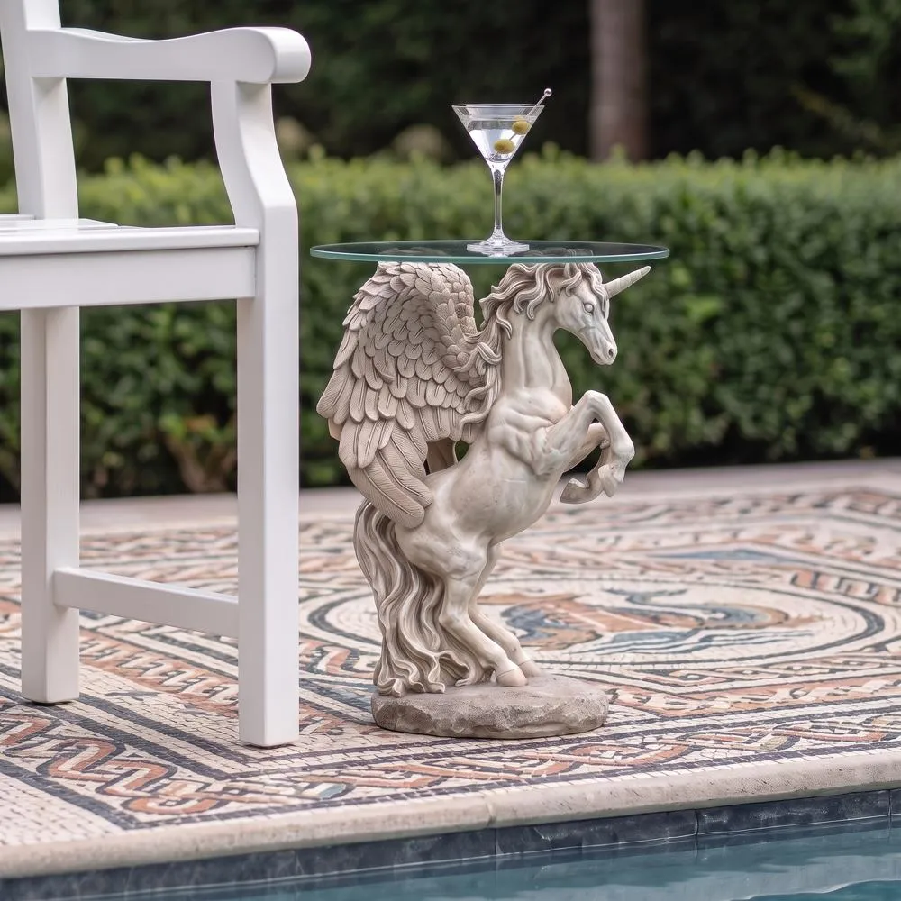 Mystical Winged Unicorn Sculptural Glass-Topped Table