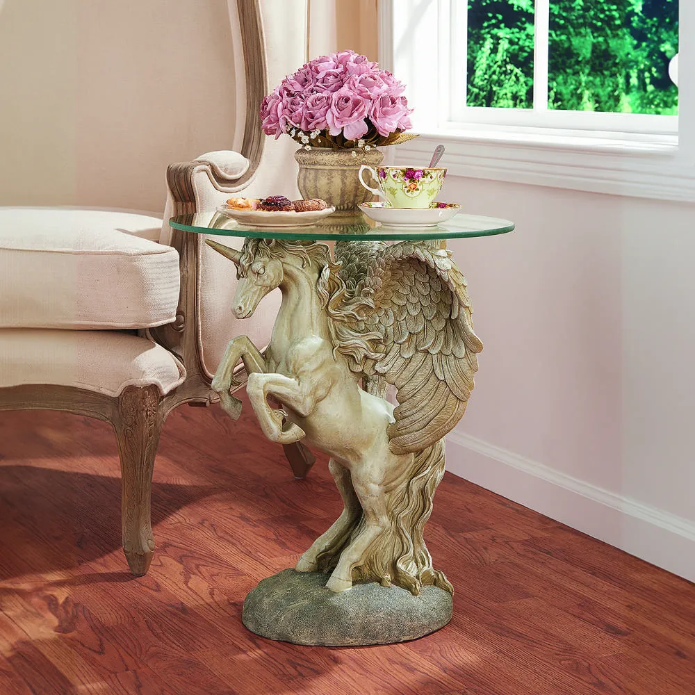 Mystical Winged Unicorn Sculptural Glass-Topped Table