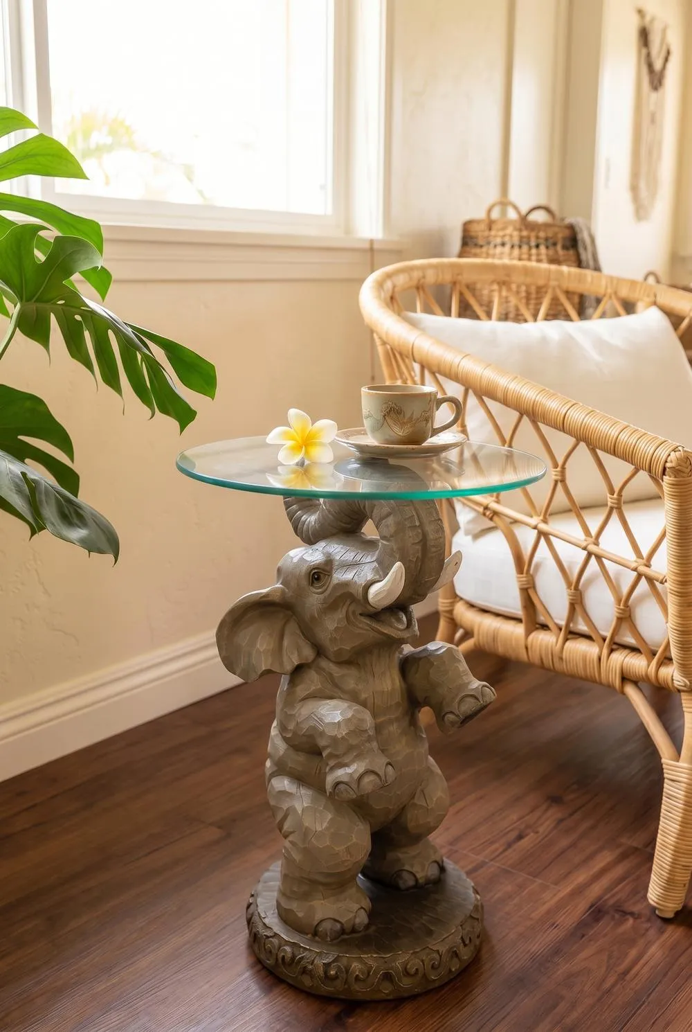 Good Fortune Elephant Sculpture Glass-Topped Table