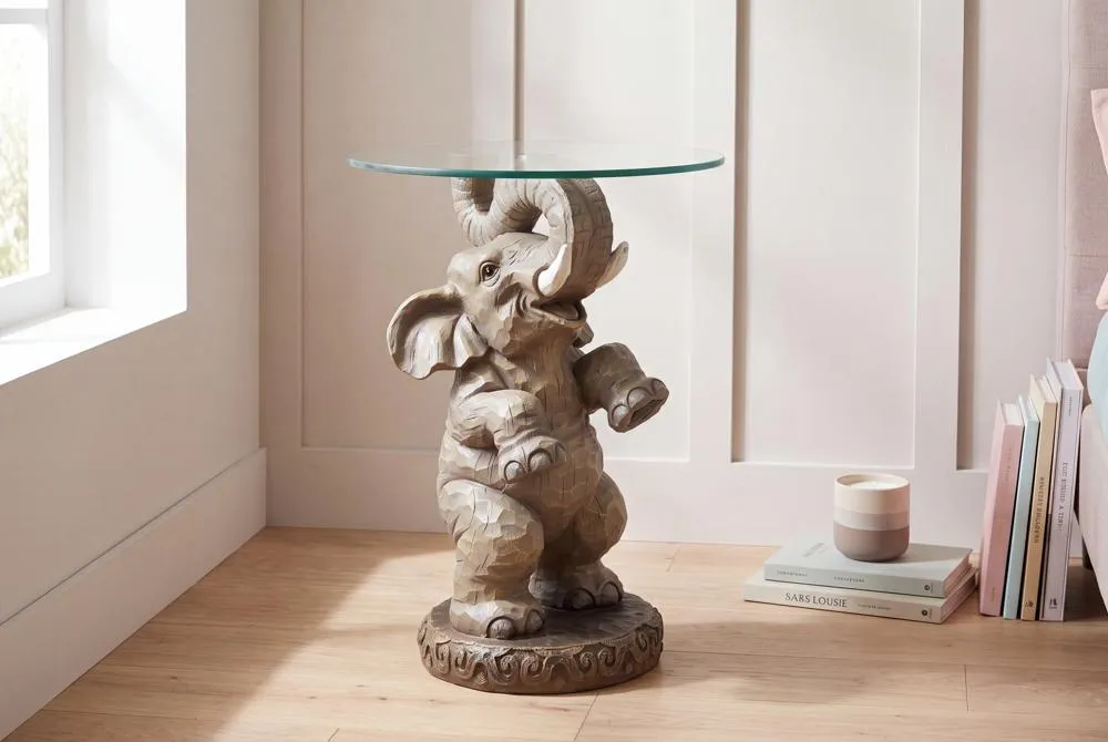 Good Fortune Elephant Sculpture Glass-Topped Table