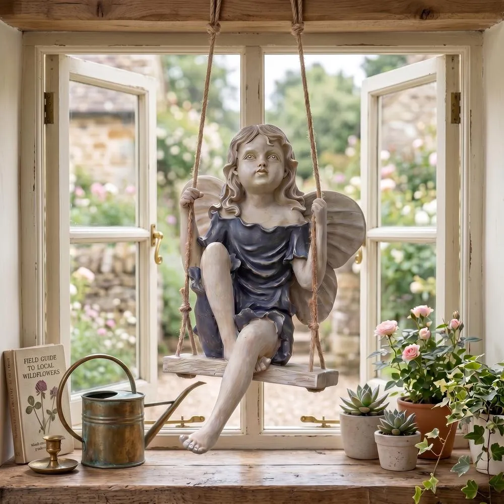 Summertime Fairy on a Swing Hanging Statue