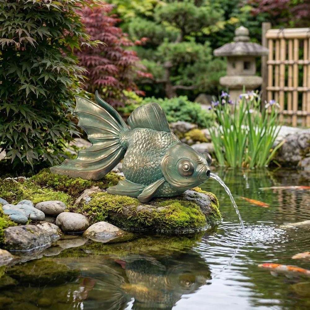 Butterfly Asian Koi Fish Spitter Piped Statue