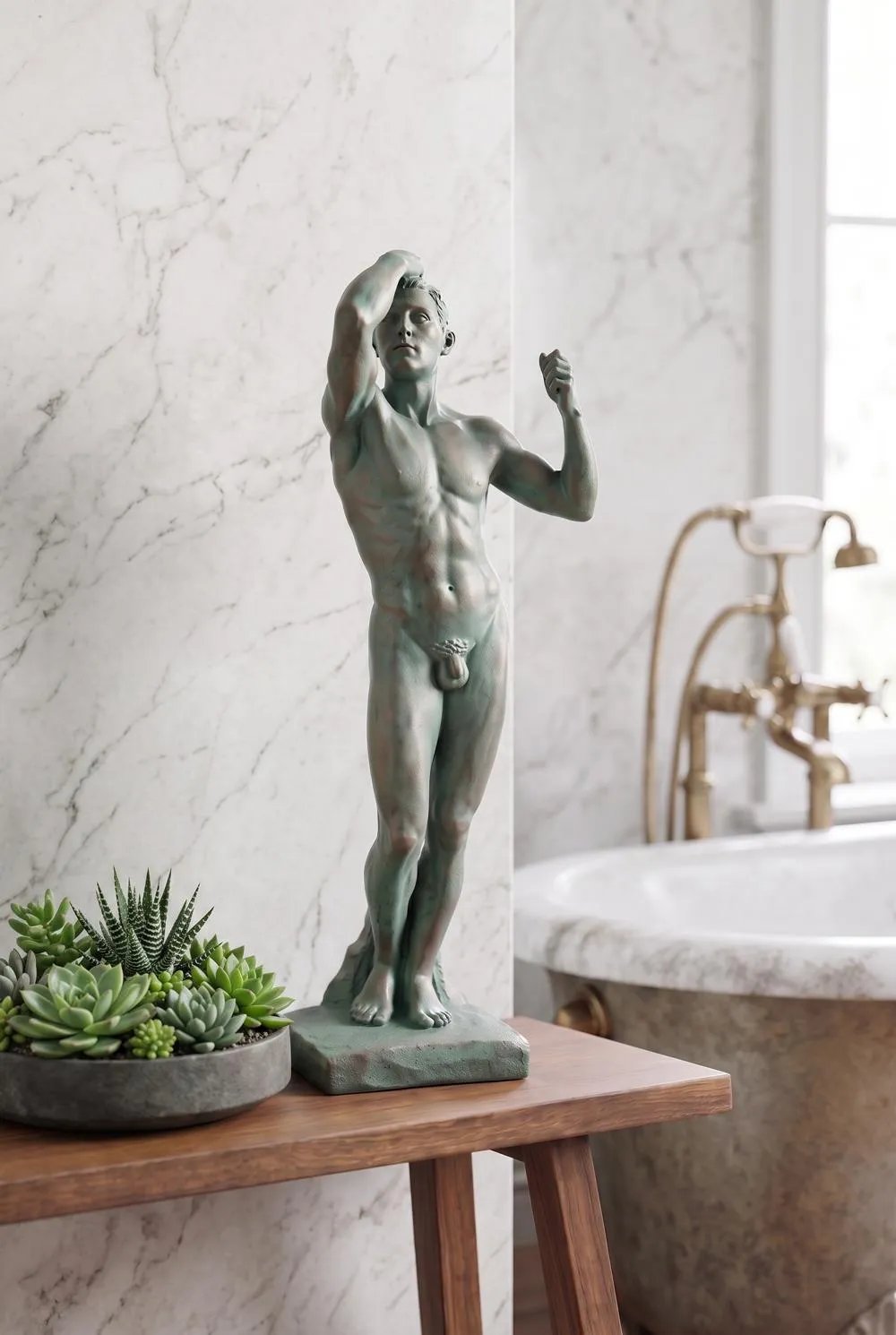 The Bronze Age Nude Male Statue (1877): Faux Bronze Verdigris