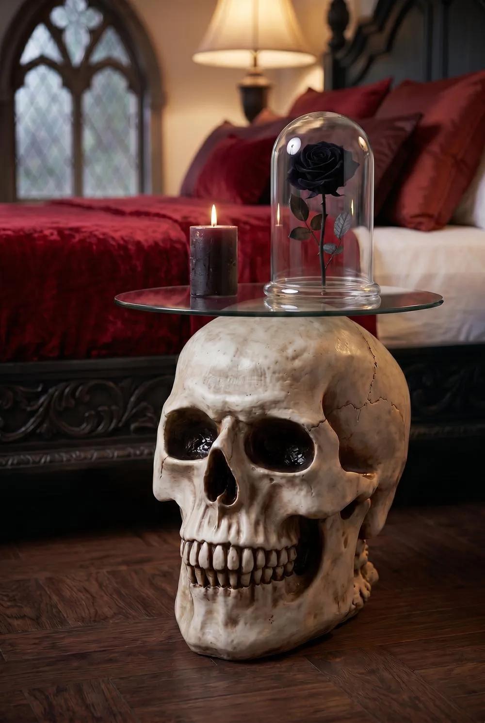 Lost Souls Gothic Skull Glass-Topped Table: Bone