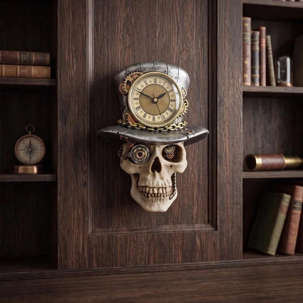Steampunk Mad Hatter Skull Sculptural Wall Clock