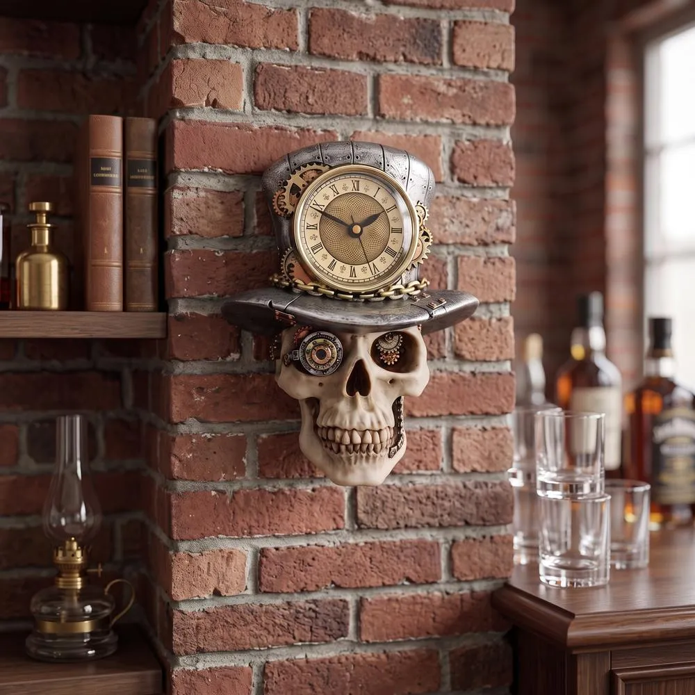 Steampunk Mad Hatter Skull Sculptural Wall Clock