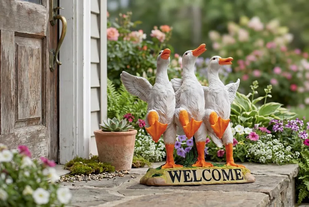Delightful Dancing Ducks Welcome Sign Statue