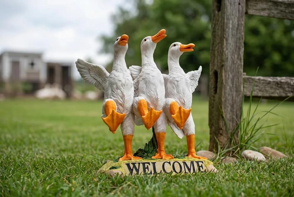 Delightful Dancing Ducks Welcome Sign Statue