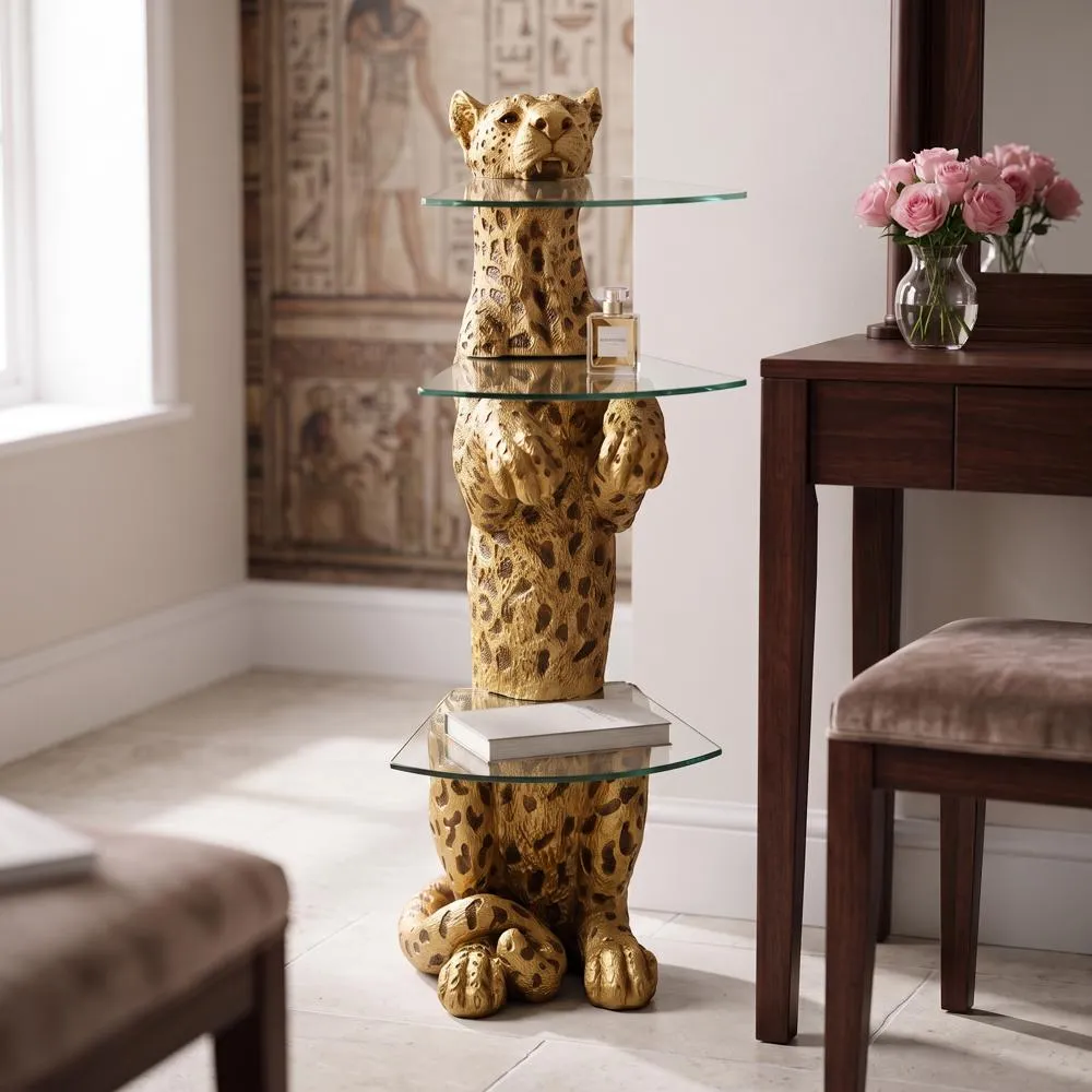 Royal Egyptian Cheetah Sculptural Glass-Shelved Pedestal Table