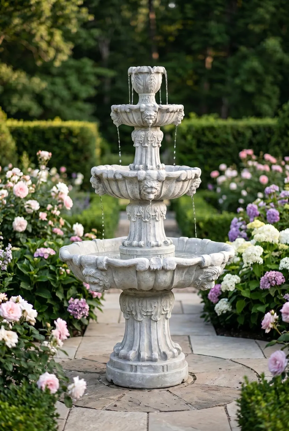 Medici Lion Four-Tier Fountain: Antique Stone Finish