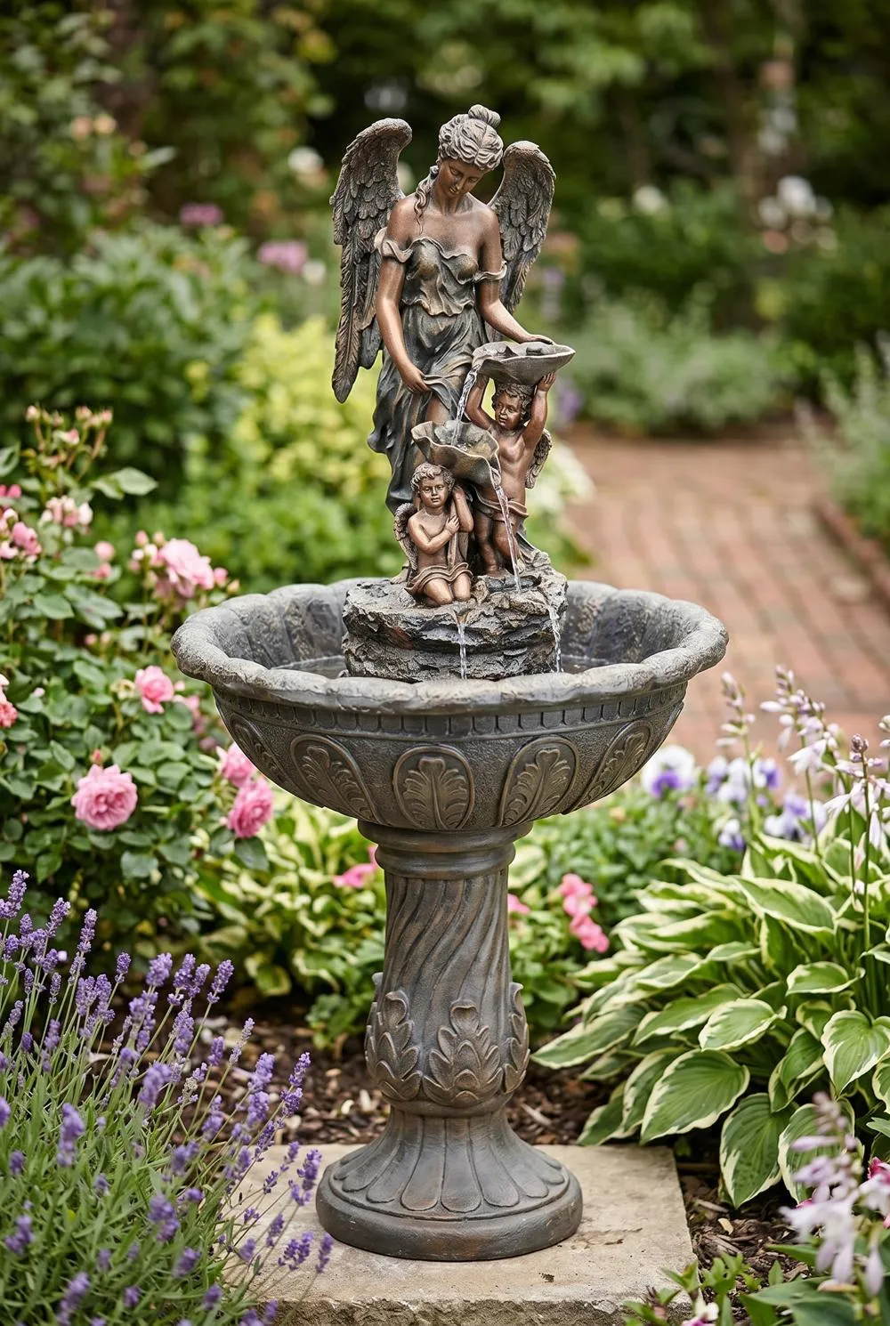 Heavenly Moments Angel Sculptural Fountain: Green Bronze Finish