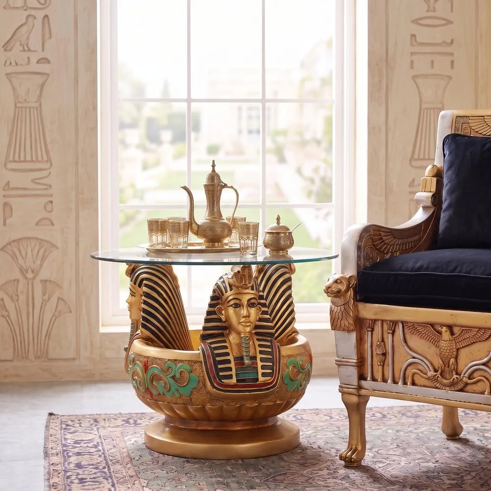 Three Heads of Tutankhamen Sculptural Glass-Topped Table