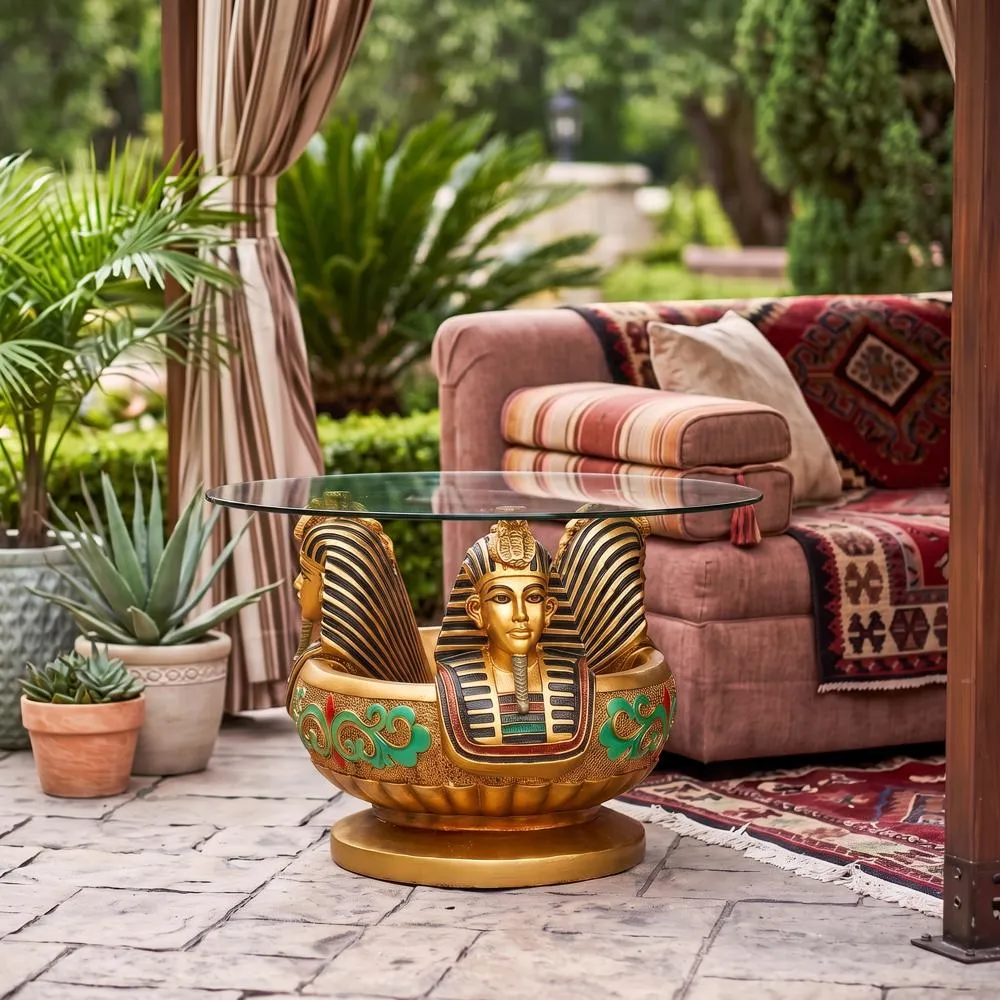 Three Heads of Tutankhamen Sculptural Glass-Topped Table