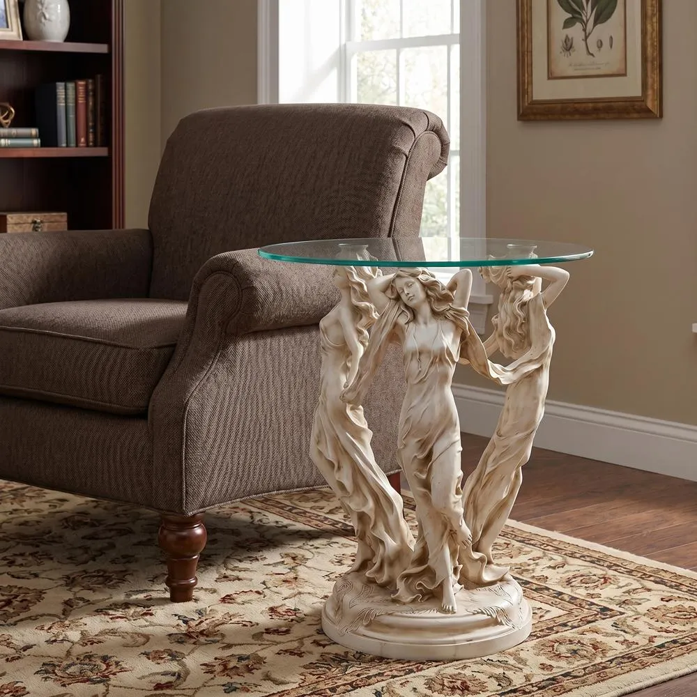 Three Muses of Ancient Greece Glass-Topped Sculptural Table