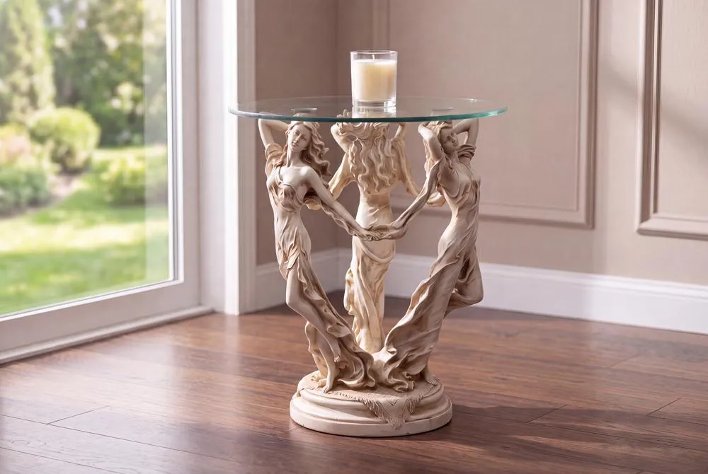 Three Muses of Ancient Greece Glass-Topped Sculptural Table