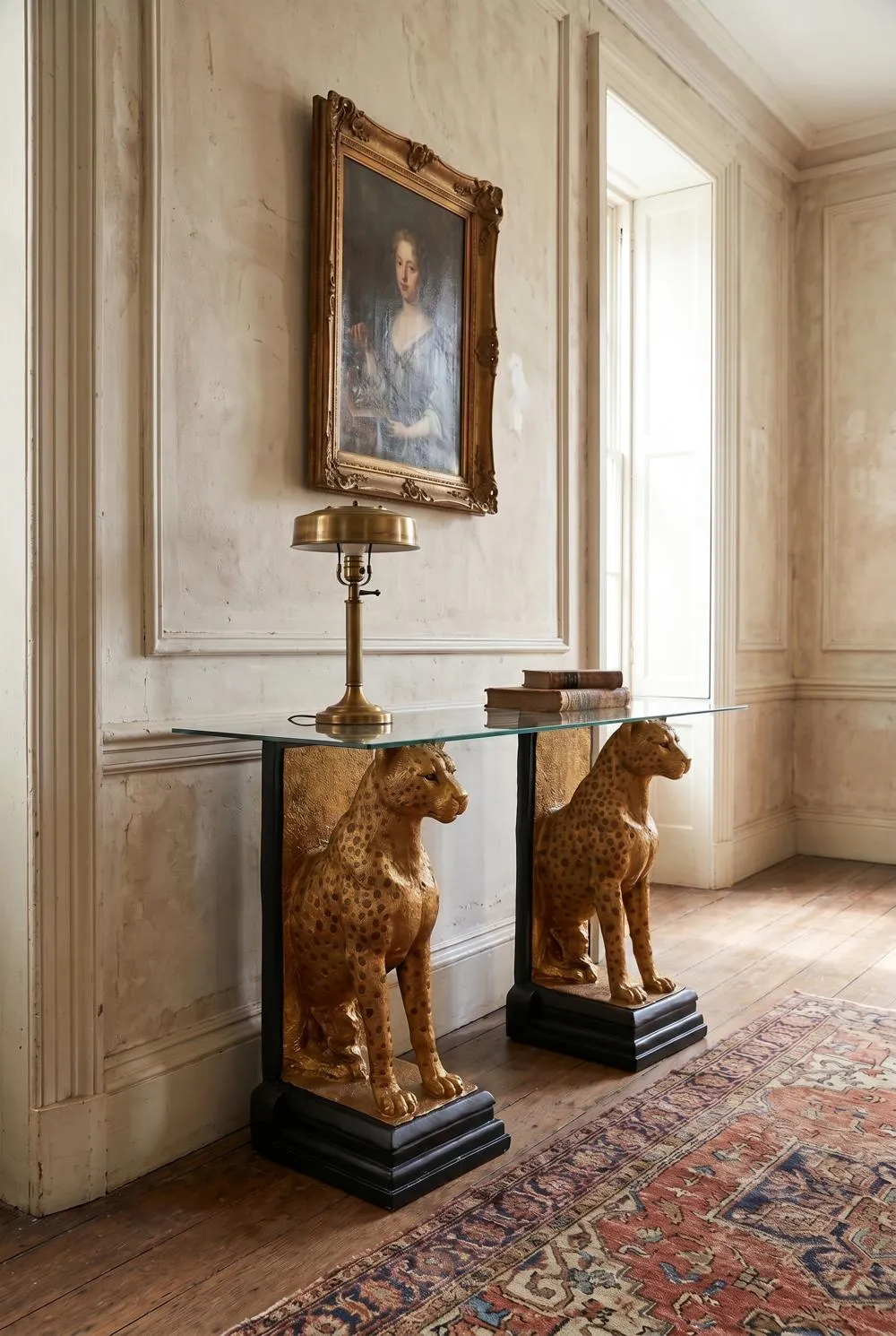 Royal Egyptian Cheetahs Sculptural Glass-Topped Console