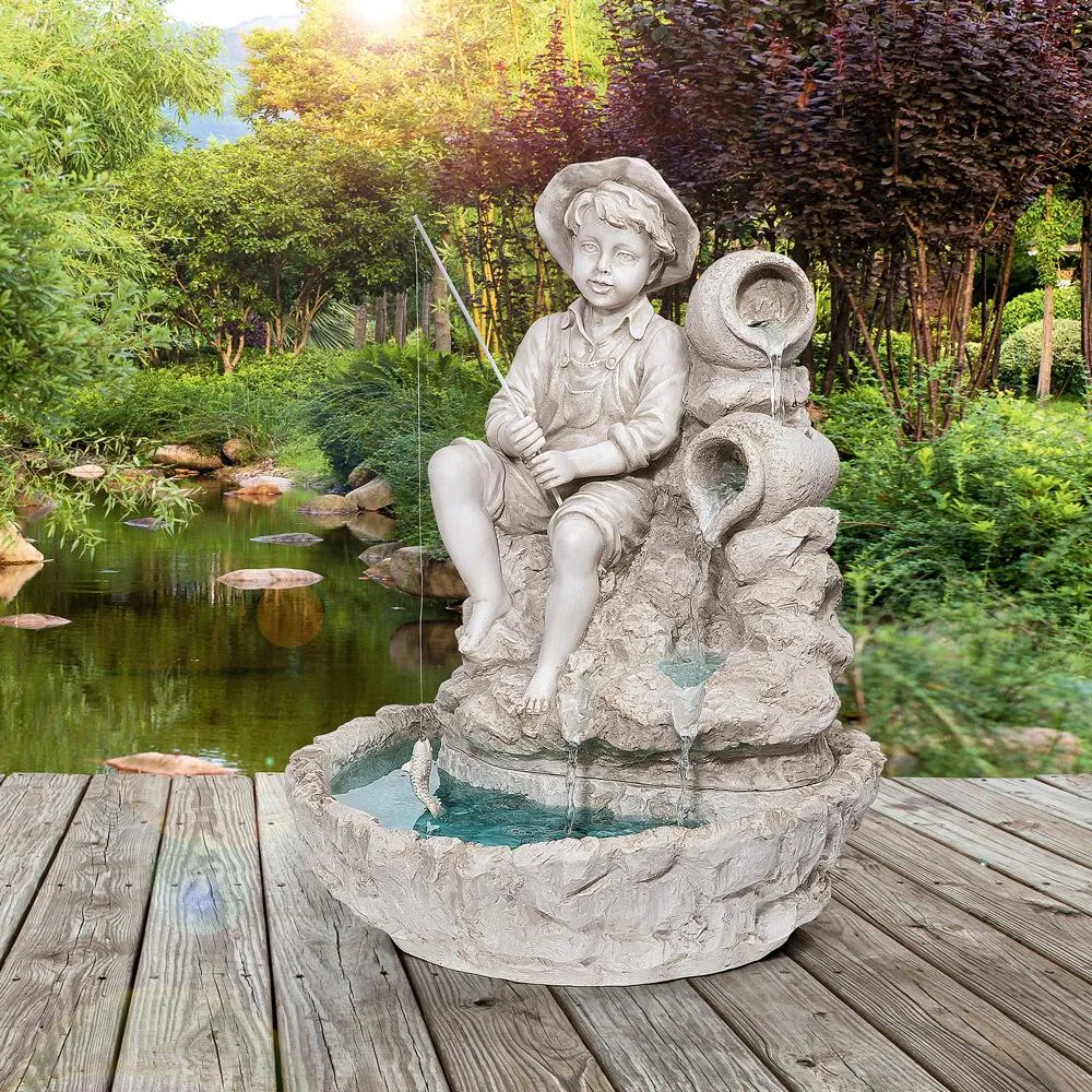 Little Fisherman at the Fishin' Hole Sculptural Tabletop Fountain