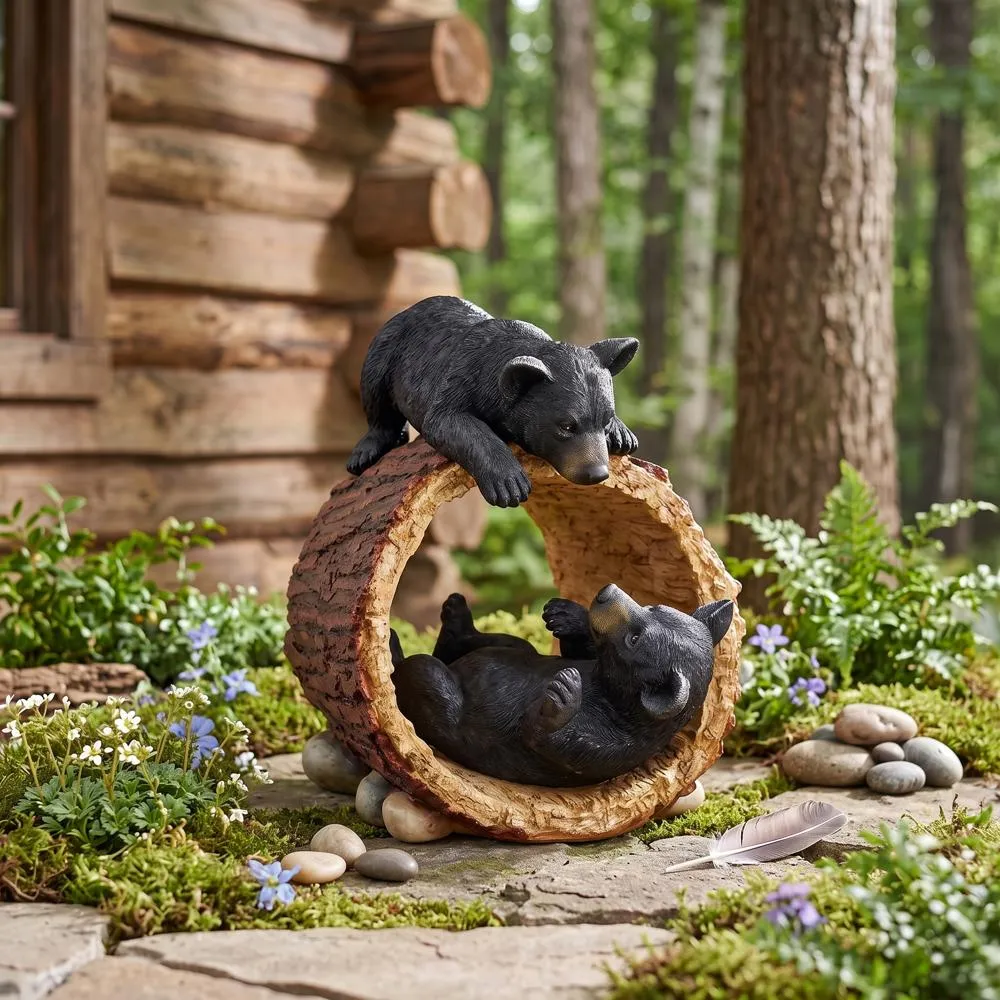 Rough Play Black Bear Cubs Garden Statue
