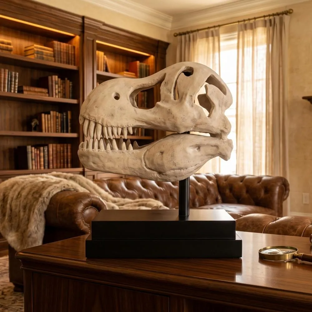 T-Rex Dinosaur Skull Fossil Statue on Museum Mount