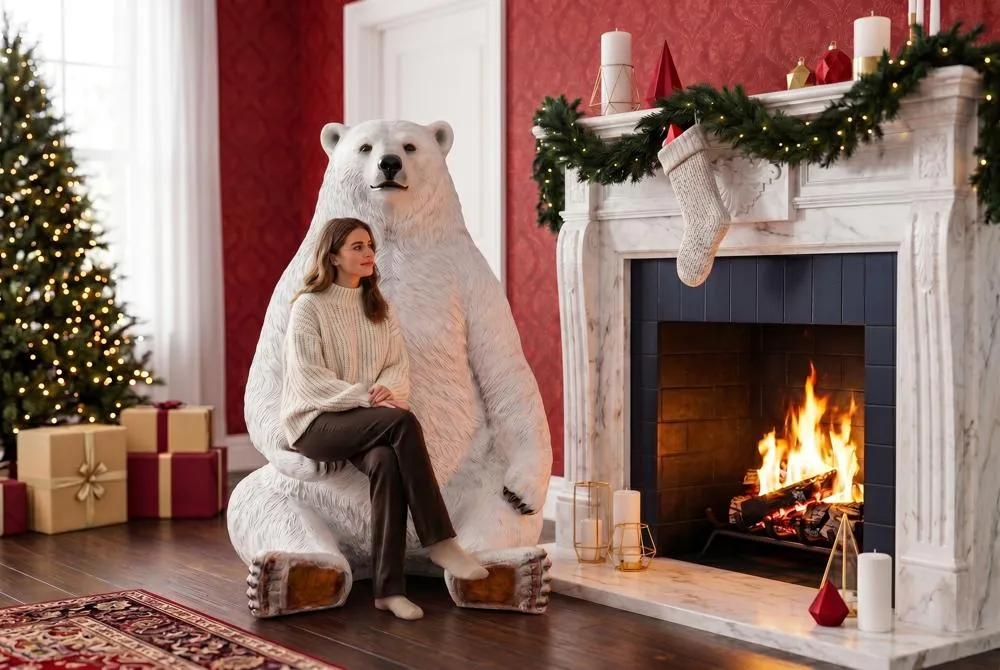 Sitting Pretty Oversized Polar Bear Statue with Photo-Op Paw Seat