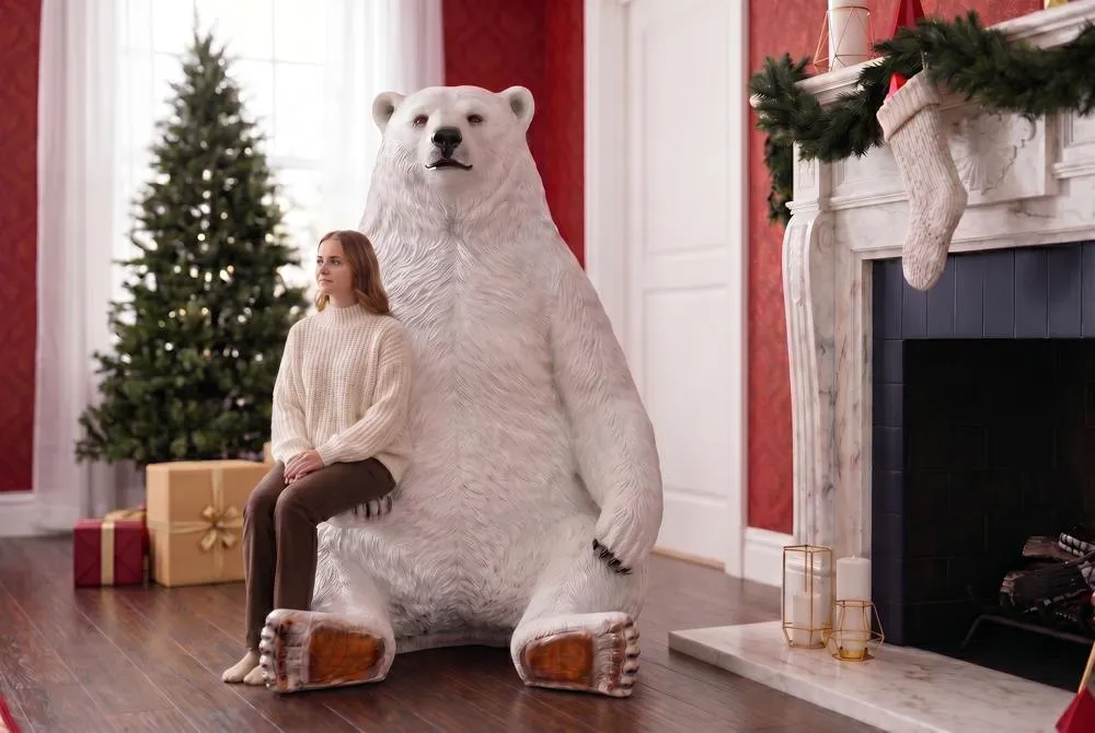 Sitting Pretty Oversized Polar Bear Statue with Photo-Op Paw Seat