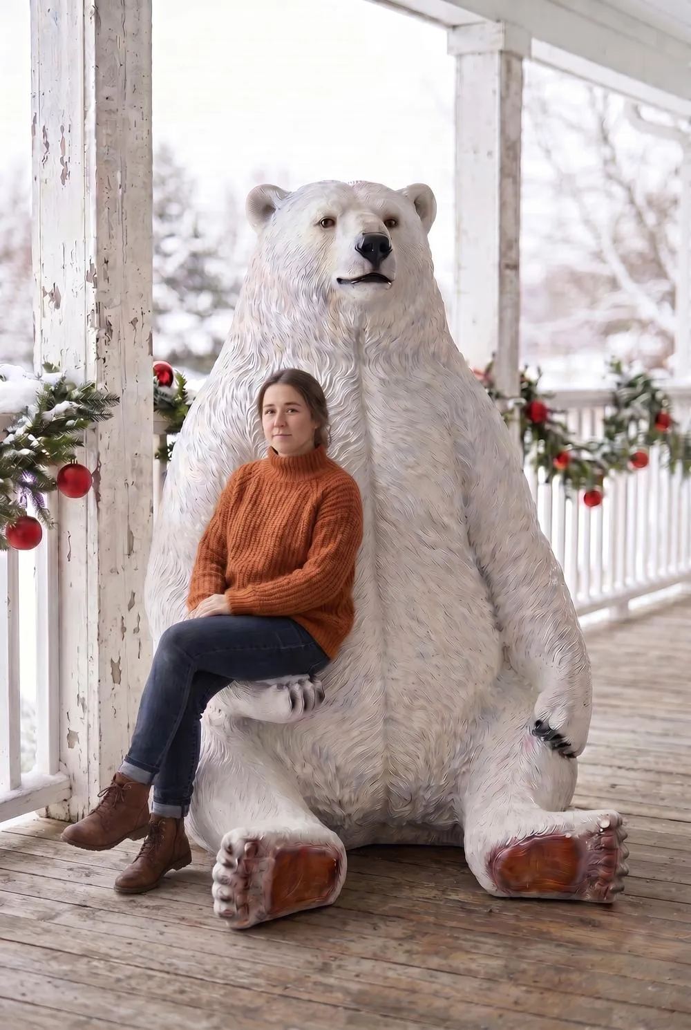 Sitting Pretty Oversized Polar Bear Statue with Photo-Op Paw Seat